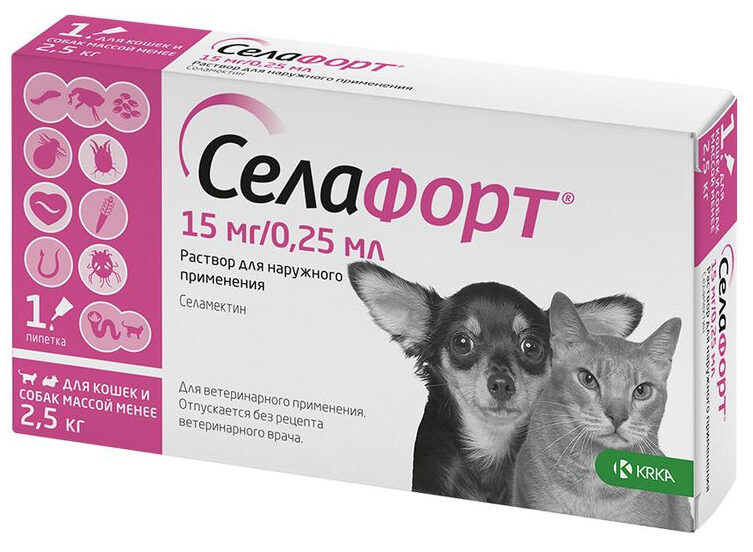 Селафорт капли для кошек и собак менее 2,5 кг, 6% 0,25мл (15мг, №1)