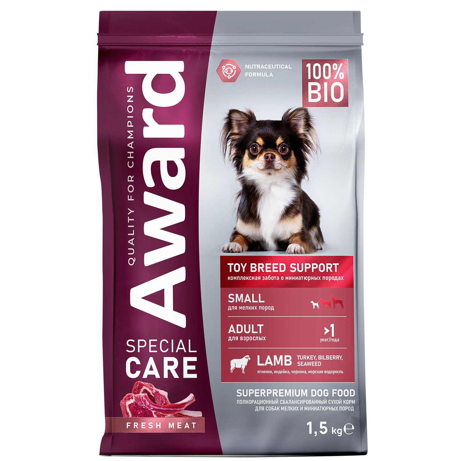 Изображение товара Сухой корм AWARD SPECIAL CARE Toy Breed Support для взрослых собак мелких и миниатюрных пород со свежим мясом ягненка 1,5кг