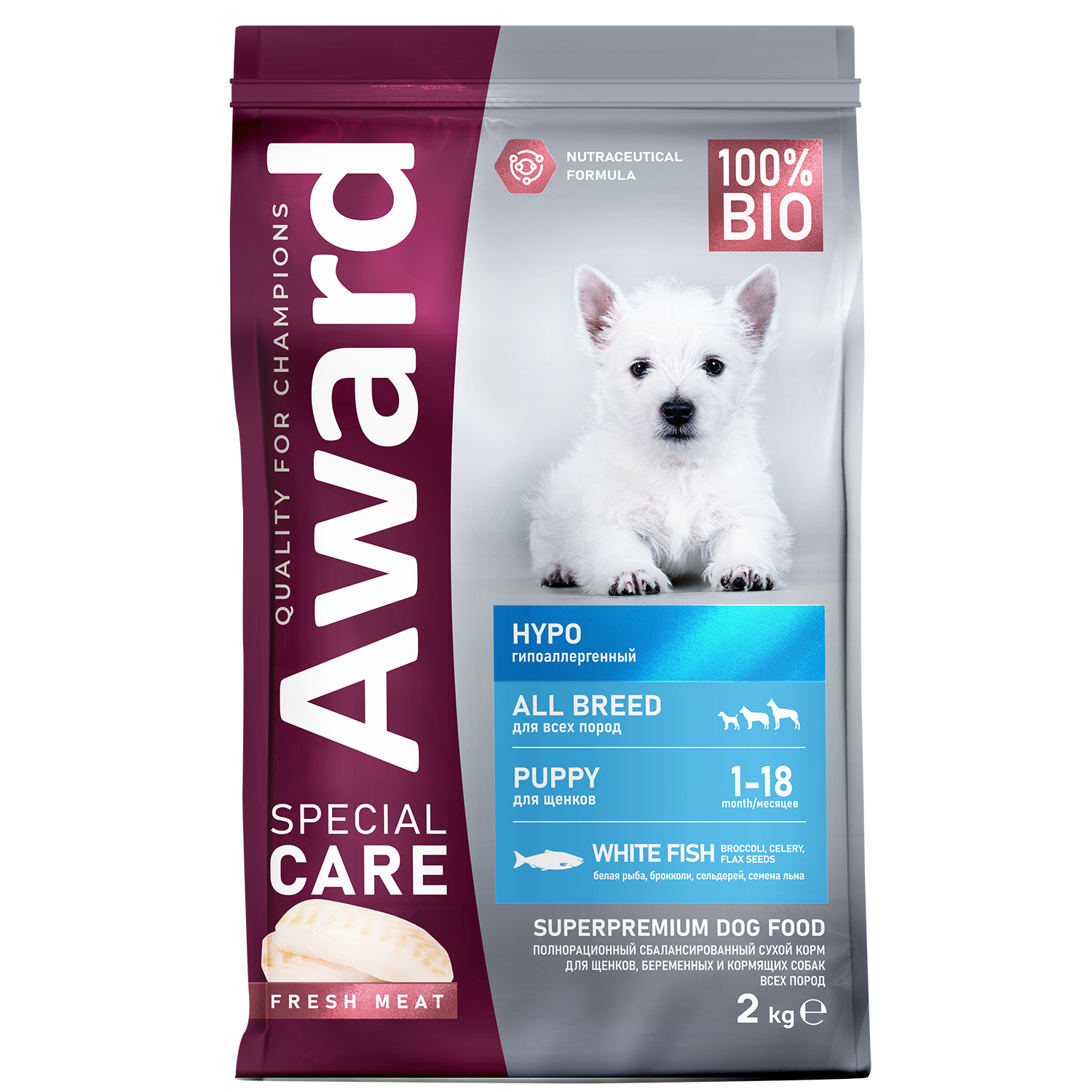 Изображение товара Сухой корм AWARD SPECIAL CARE HYPO PUPPY со свежей белой рыбой для щенков от 1 месяца, беременных и кормящих собак всех пород, склонных к аллергии 2кг