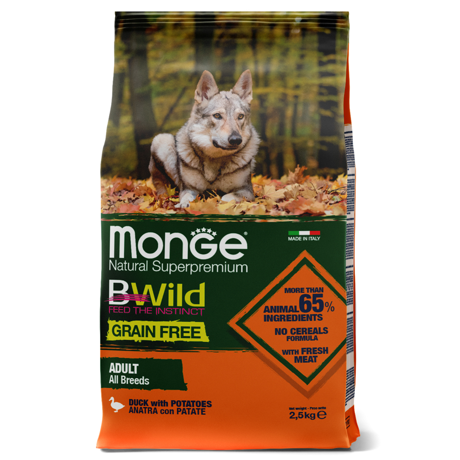 Изображение товара Сухой корм Monge Dog BWild GRAIN FREE, для взрослых собак, беззерновой, утка с картофелем 2,5 кг