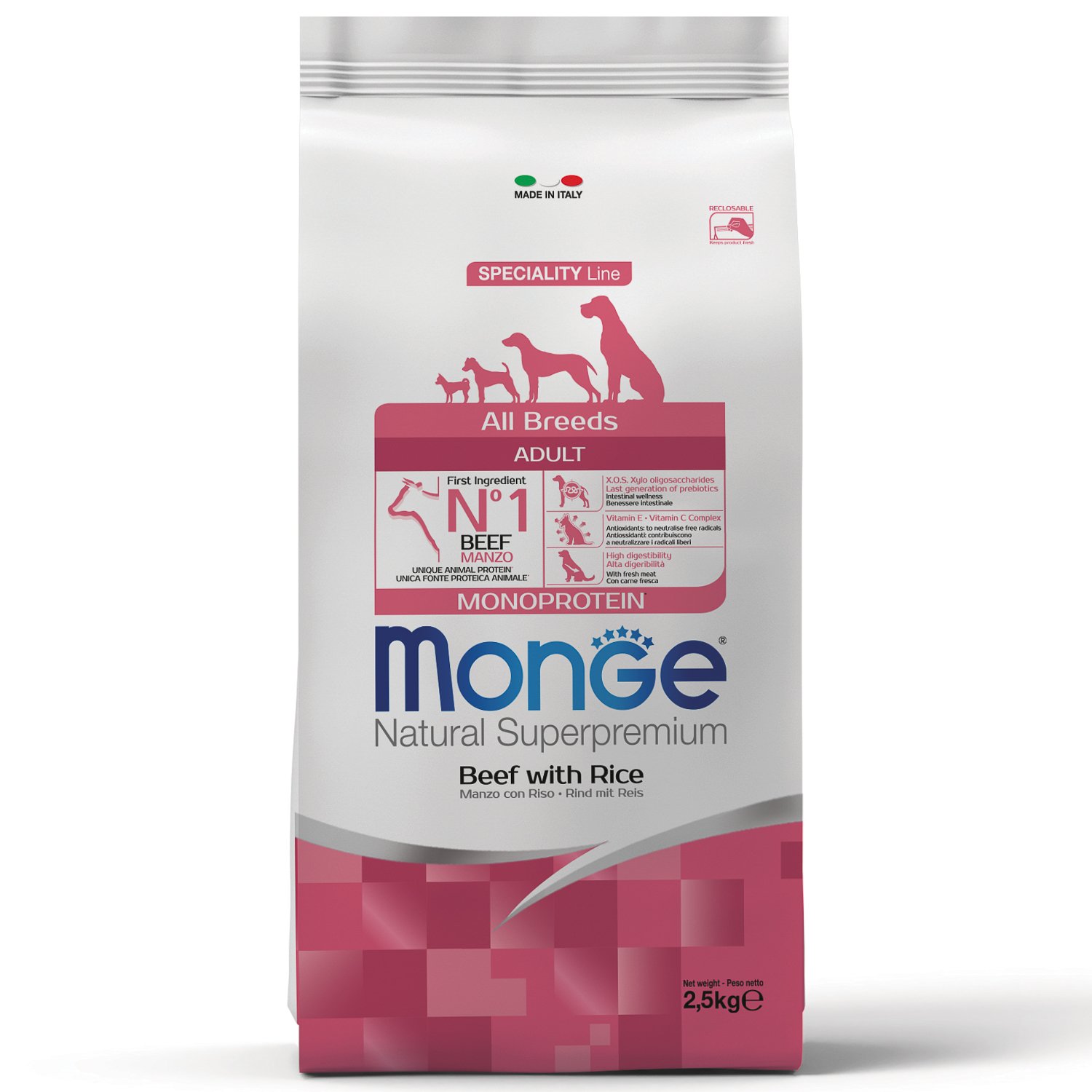 Изображение товара Сухой корм Monge Dog Speciality Line Monoprotein All Breeds Beef and Rice для взрослых собак всех пород, из говядины с рисом 2,5 кг