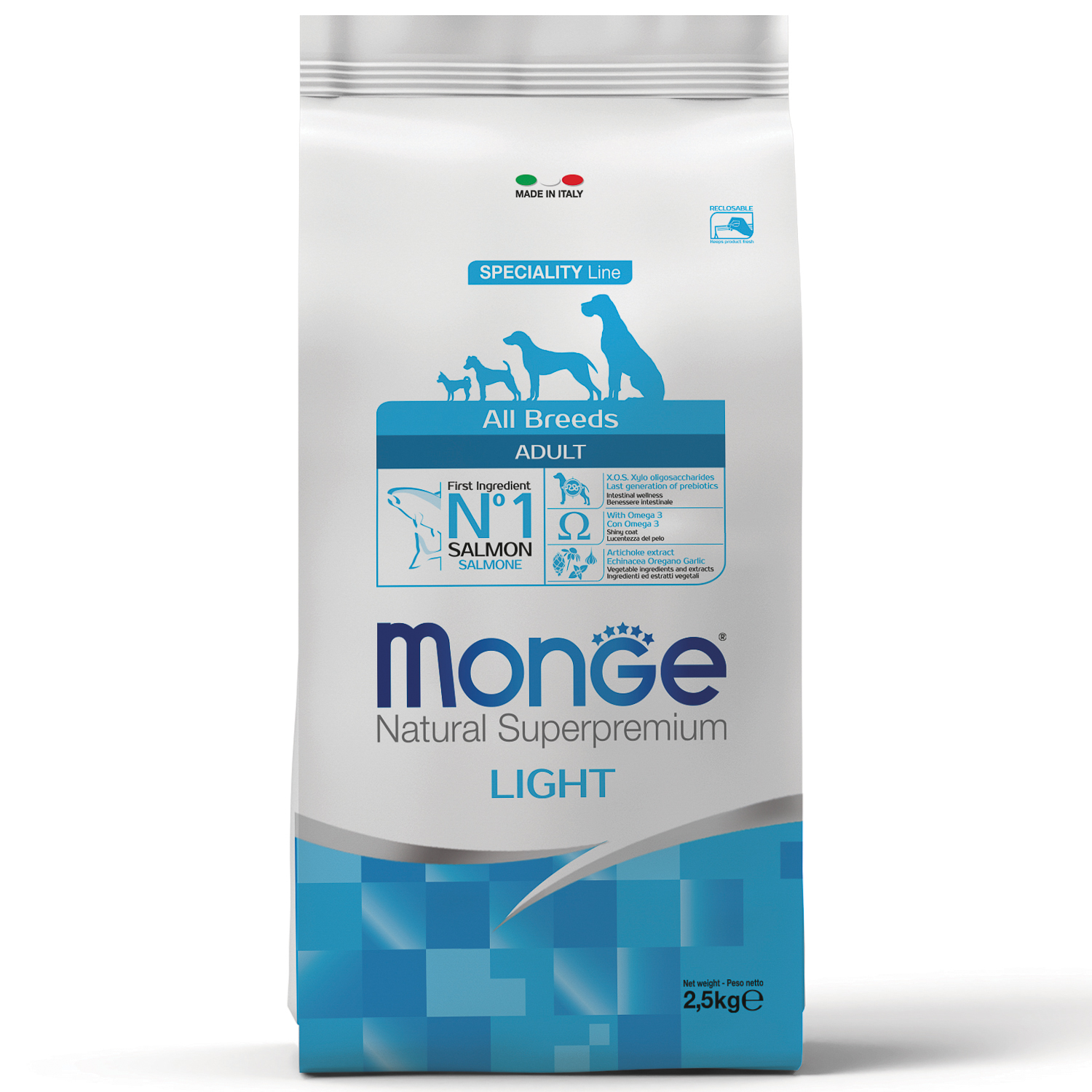 Изображение товара Сухой корм Monge Dog Speciality Line Light для взрослых собак всех пород, низкокалорийный, лосось с рисом 2,5 кг