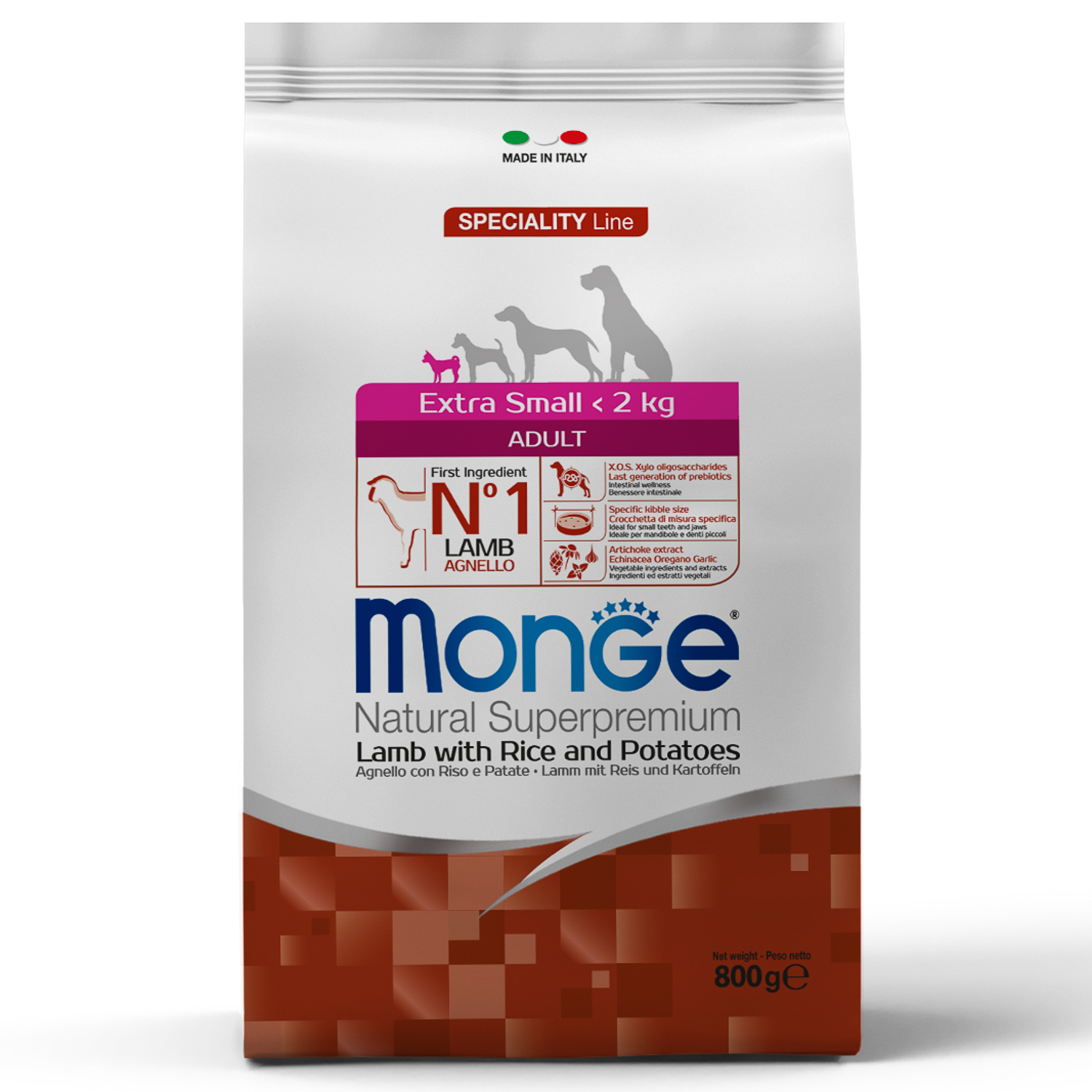 Изображение товара Сухой корм Monge Dog Speciality Line Extra Small для взрослых собак миниатюрных пород ягненок с рисом и картофелем 800 г