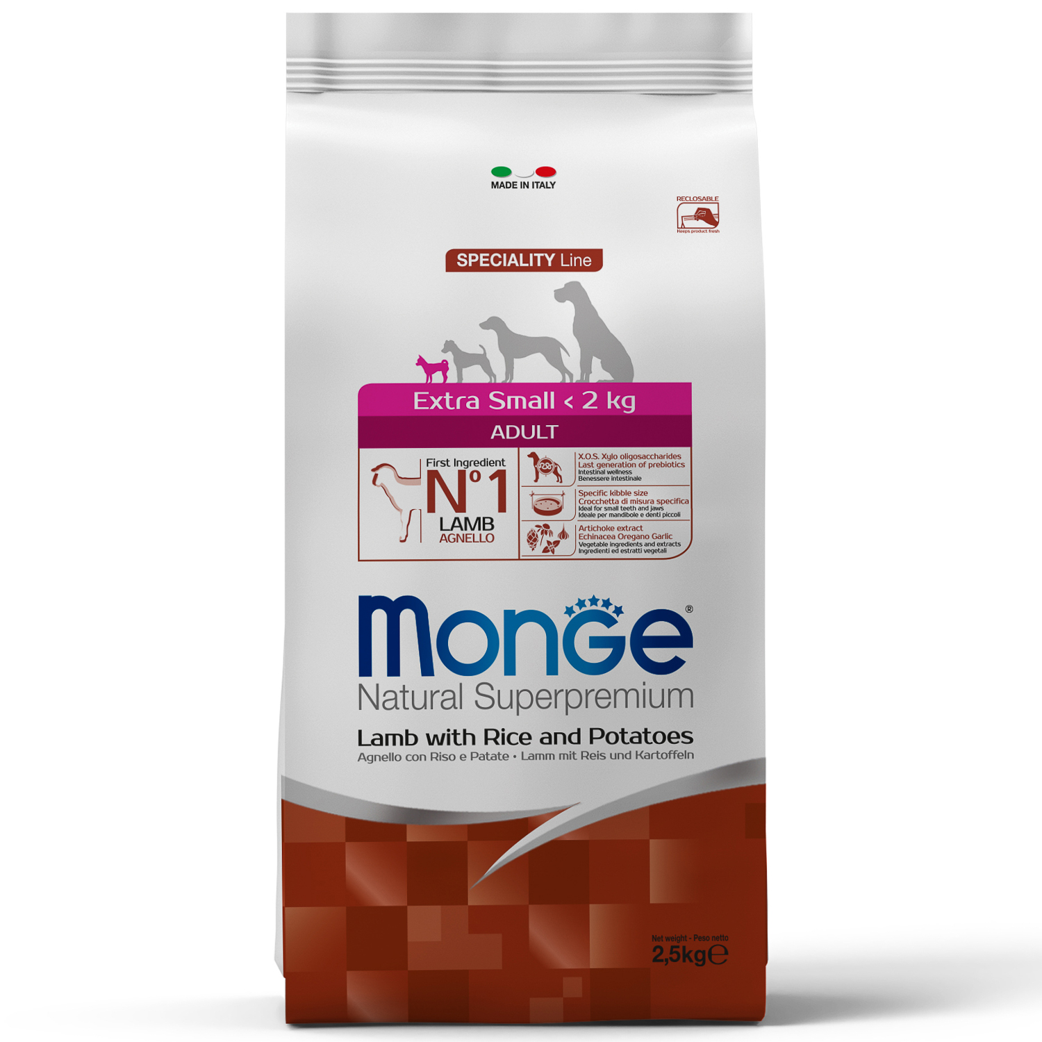 Изображение товара Сухой корм Monge Dog Speciality Line Extra Small для взрослых собак миниатюрных пород, из ягненка с рисом и картофелем 2,5 кг