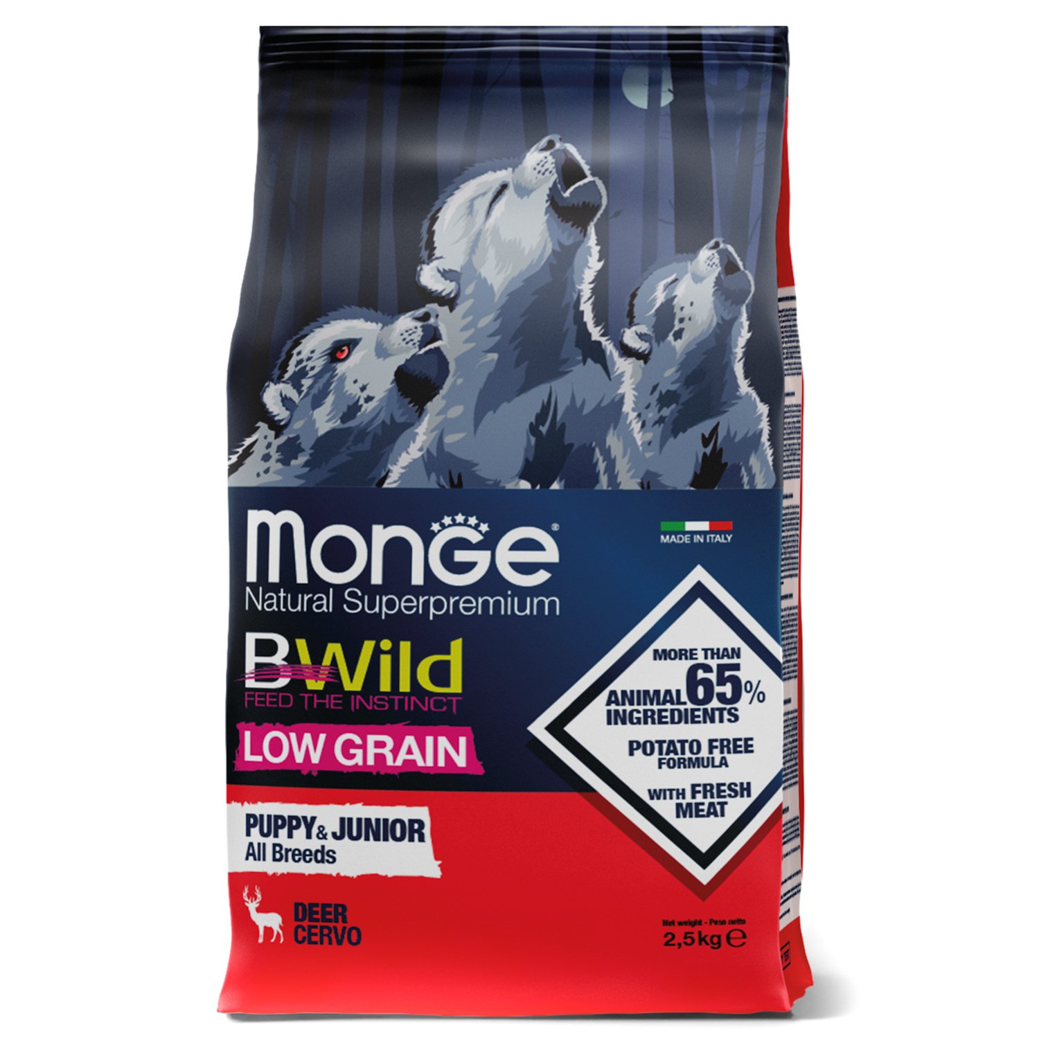 Изображение товара Сухой корм Monge Dog BWild LOW GRAIN Puppy & junior, для щенков, низкозерновой, из мяса оленя 2,5 кг