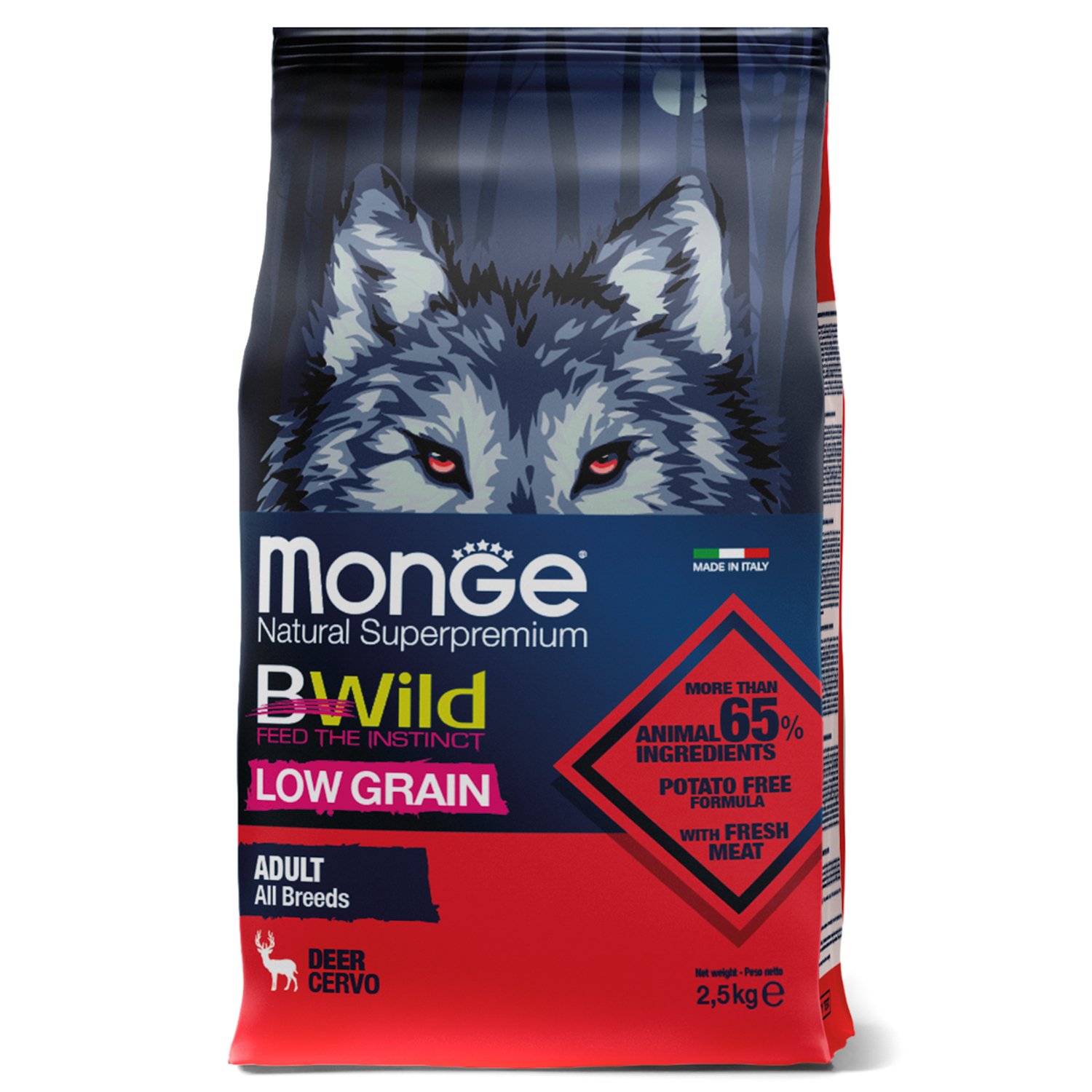 Изображение товара Сухой корм Monge Dog BWild LOW GRAIN, для взрослых собак, низкозерновой, из мяса оленя 2,5 кг