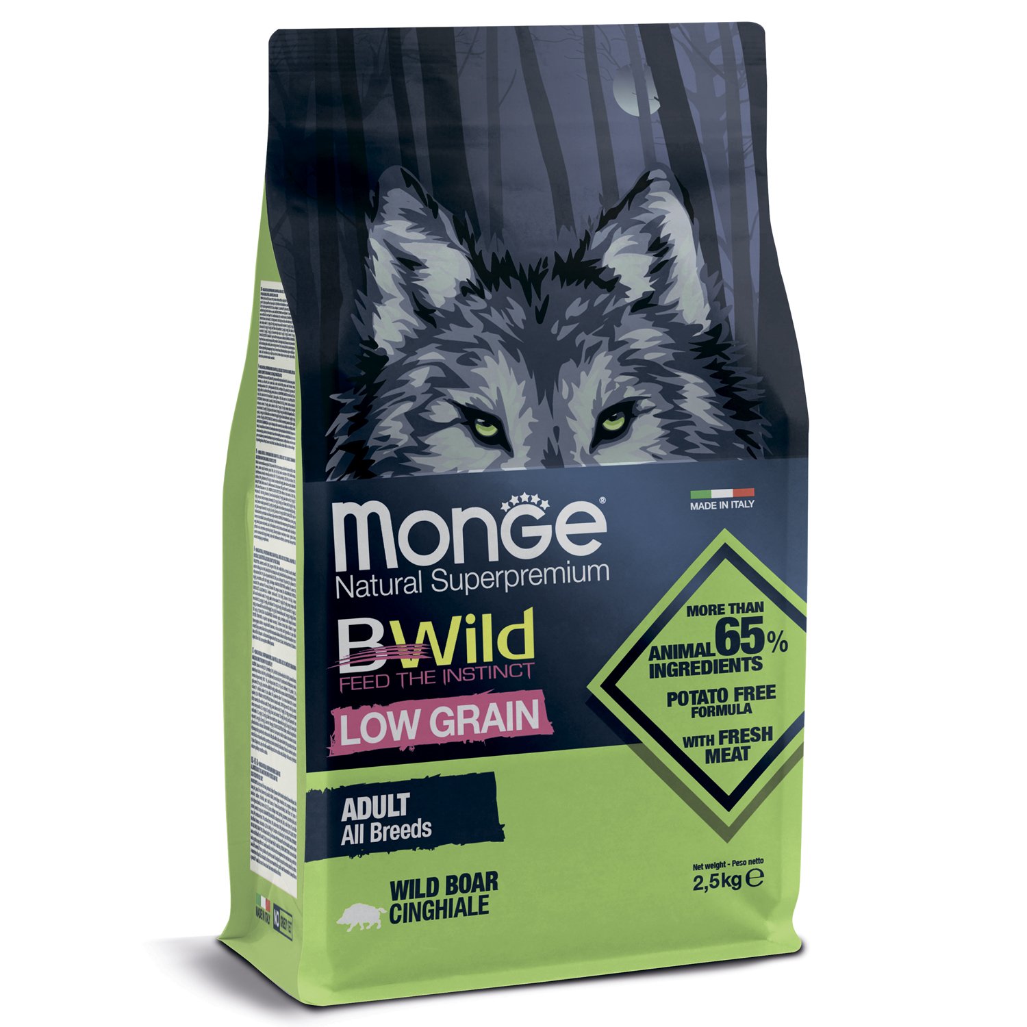 Изображение товара Сухой корм Monge Dog BWild LOW GRAIN, для взрослых собак, низкозерновой, из мяса дикого кабана 2,5 кг
