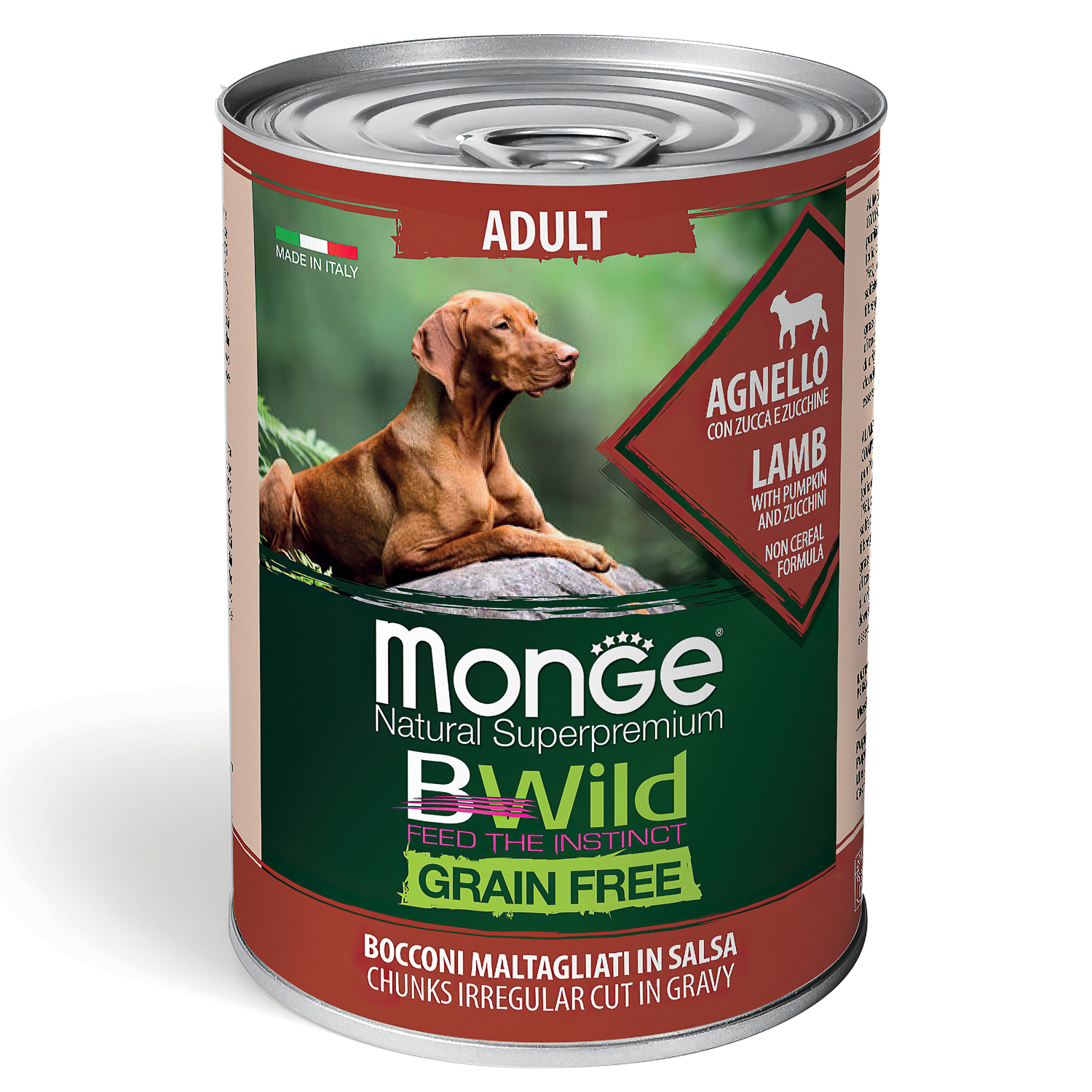 Изображение товара Влажный корм Monge Dog BWild GRAIN FREE для взрослых собак, беззерновой, из ягненка с тыквой и кабачками, консервы 400 г