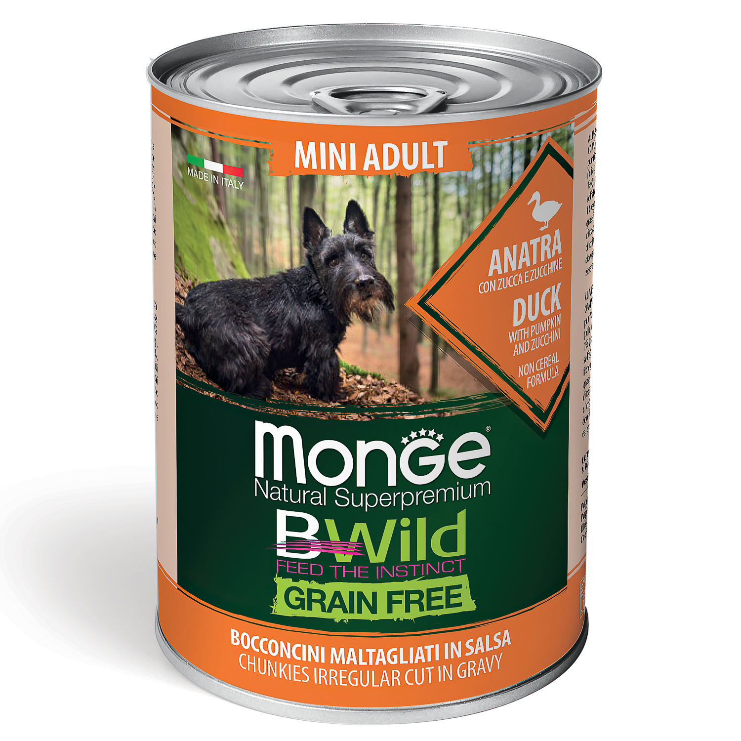Изображение товара Влажный корм Monge Dog BWild GRAIN FREE Mini для взрослых собак мелких пород, беззерновой, из утки с тыквой и кабачками, консервы 400 г