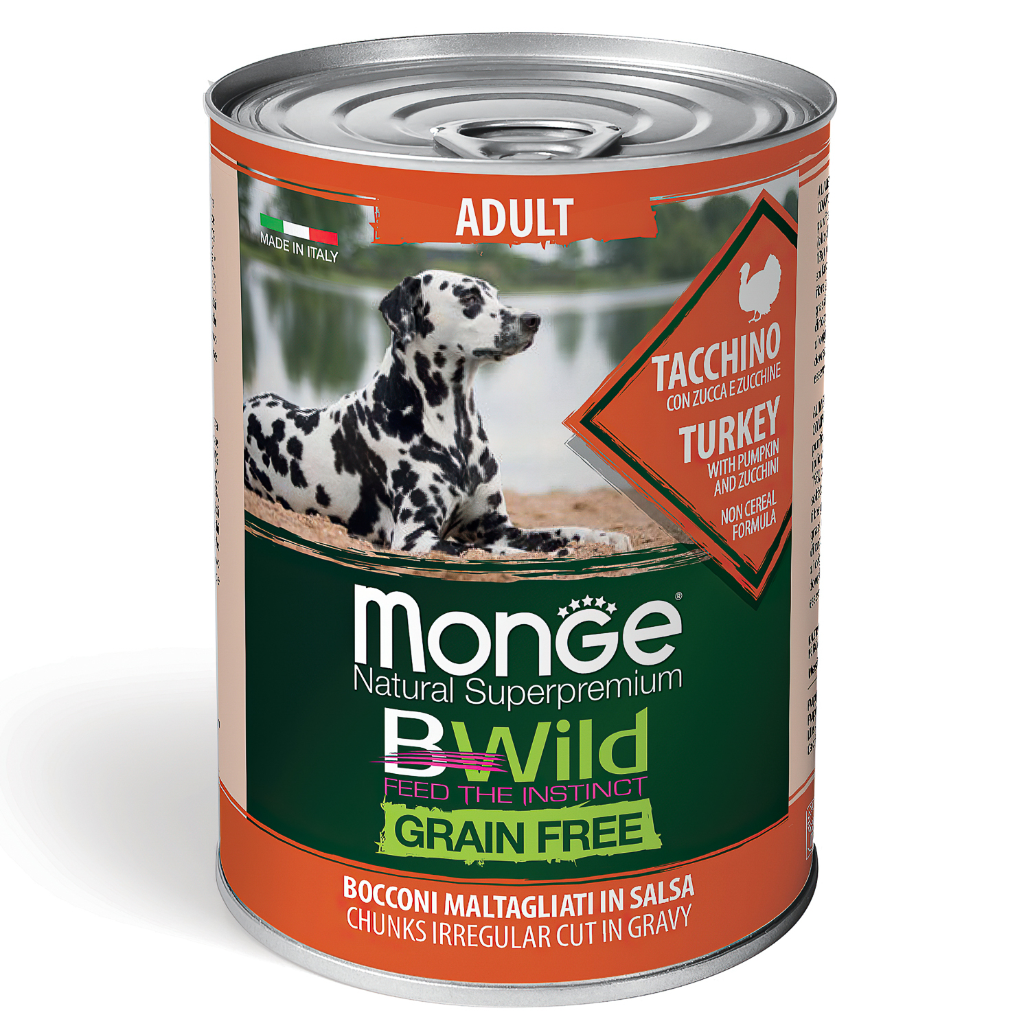 Изображение товара Влажный корм Monge Dog BWild GRAIN FREE для взрослых собак, из индейки с тыквой и кабачками, консервы 400 г