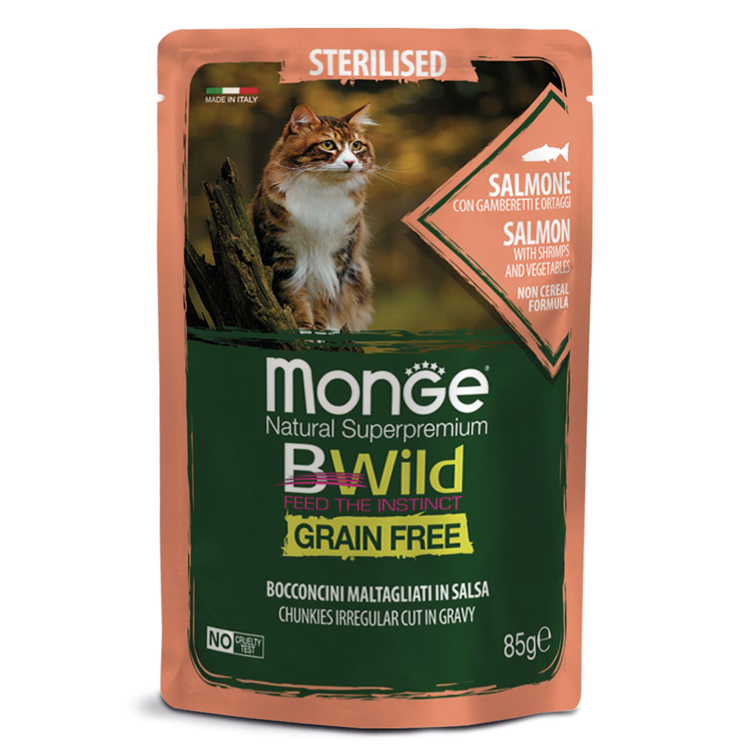 Изображение товара Влажный корм Monge Cat BWild GRAIN FREE для стерилизованных кошек, беззерновой, из лосося с креветками и овощами, паучи 85 г
