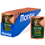Изображение товара Влажный корм Monge Cat BWild GRAIN FREE для стерилизованных кошек, беззерновой, из лосося с креветками и овощами, паучи 85 г