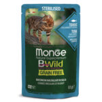 Изображение товара Влажный корм Monge Cat BWild GRAIN FREE для стерилизованных кошек, беззерновой, из тунца с креветками и овощами, паучи 85 г