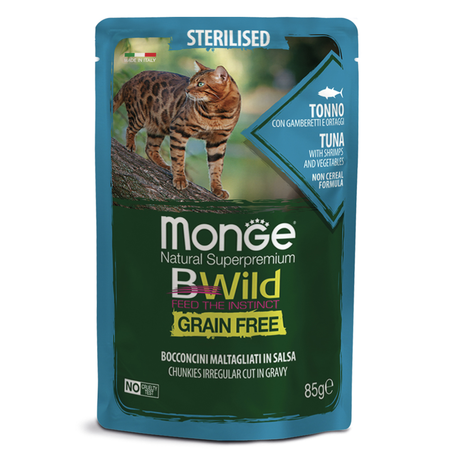 Изображение товара Влажный корм Monge Cat BWild GRAIN FREE для стерилизованных кошек, беззерновой, из тунца с креветками и овощами, паучи 85 г
