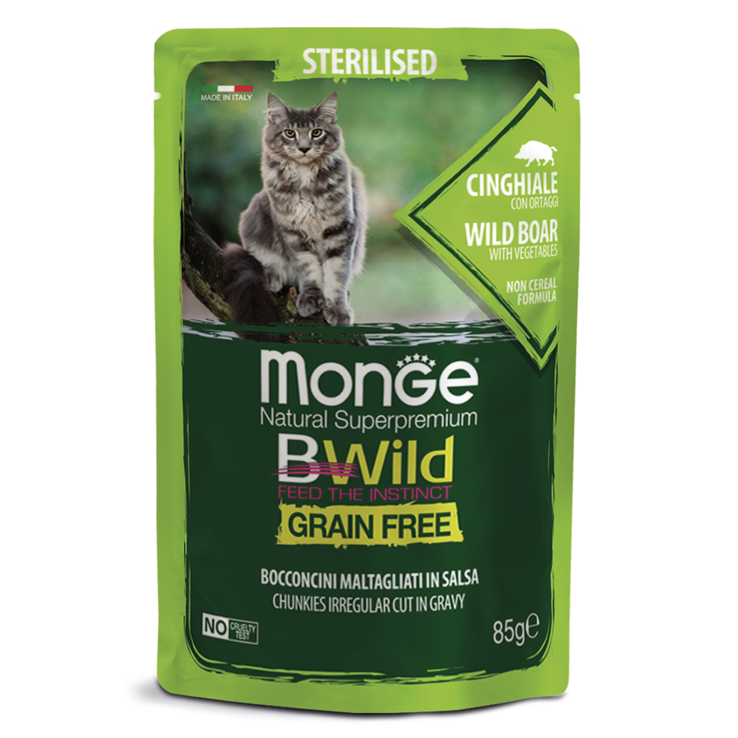 Изображение товара Влажный корм Monge Cat BWild GRAIN FREE для стерилизованных кошек, беззерновой, из мяса дикого кабана с овощами, паучи 85 г