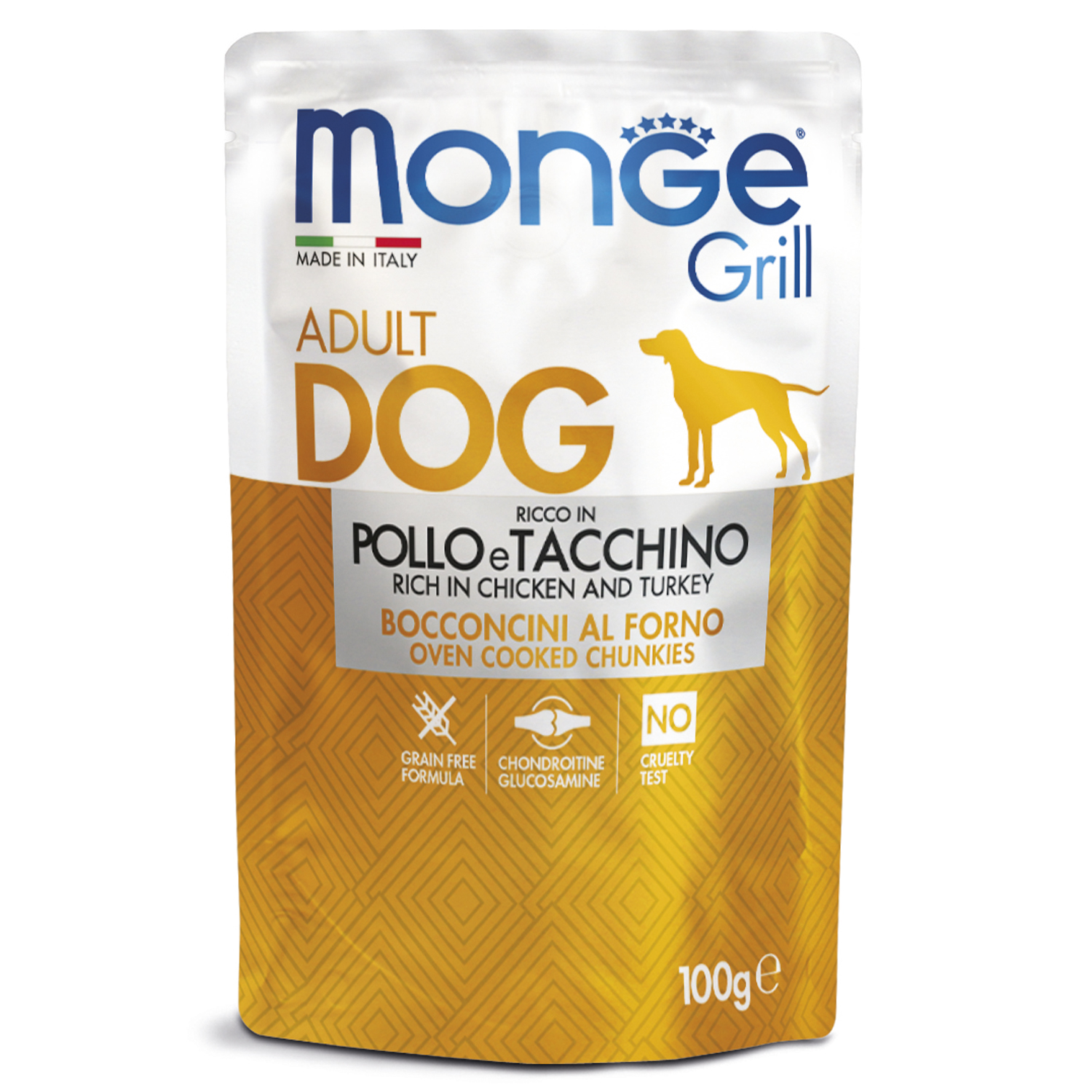 Изображение товара Влажный корм Monge Dog Grill для собак с курицей и индейкой, паучи 100 г