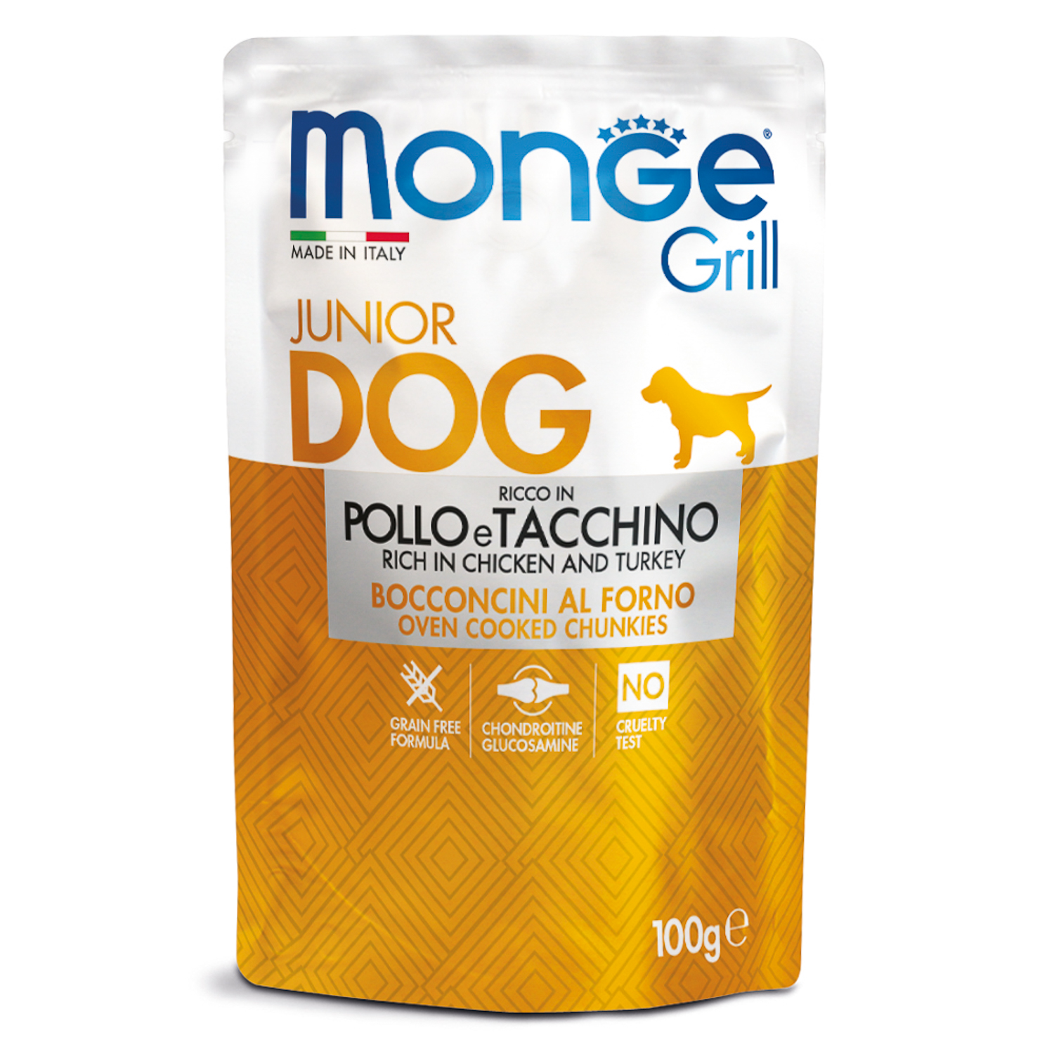 Изображение товара Влажный корм Monge Dog Grill Puppy&Junior для щенков с курицей и индейкой, паучи 100 г