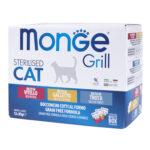 Изображение товара Влажный корм Monge Cat Grill для взрослых кошек с телятиной, с курицей, с форелью,бокс с паучами12 шт х 85 г