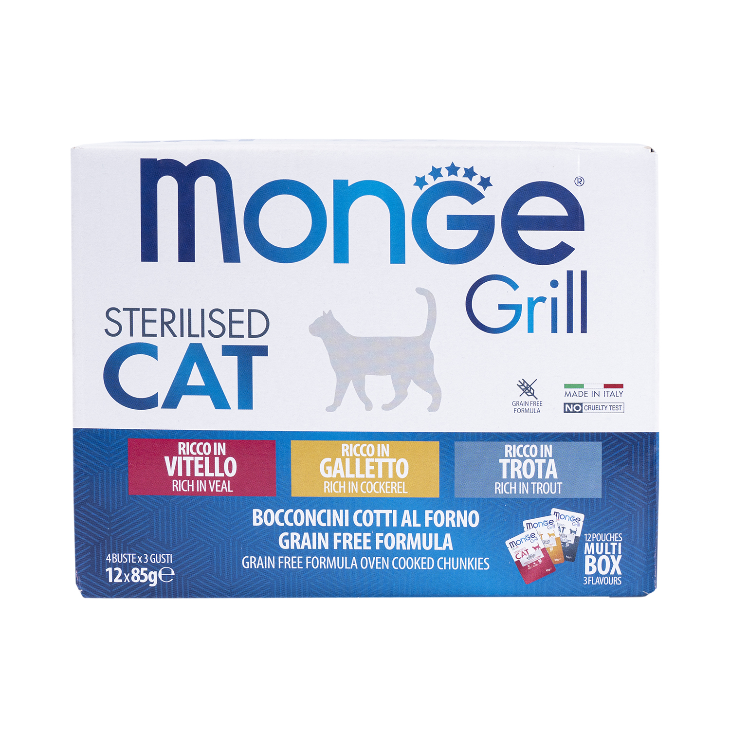 Изображение товара Влажный корм Monge Cat Grill для взрослых кошек с телятиной, с курицей, с форелью,бокс с паучами12 шт х 85 г