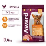 Изображение товара Сухой корм AWARD Urinary для взрослых кошек для профилактики мочекаменной болезни с курицей с добавлением клюквы, цикория и рыбьего жира 400г