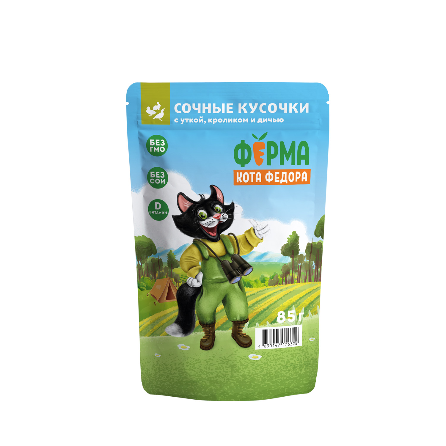 Изображение товара Влажный корм Ферма кота Фёдора мясные кусочки для кошек с уткой, кроликом и дичью 85г