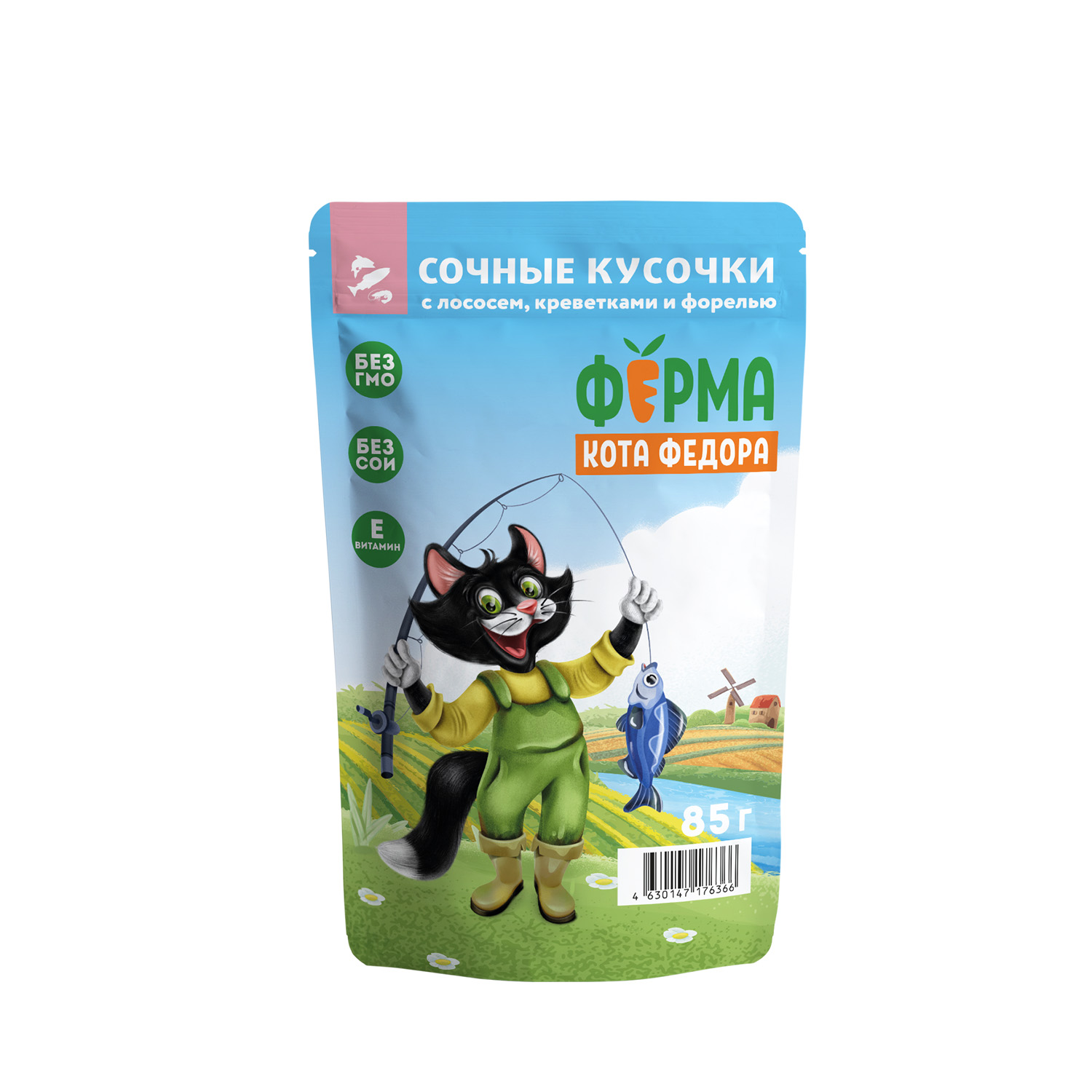 Изображение товара Влажный корм Ферма кота Фёдора рыбные кусочки для кошек с лососем, креветками и форелью 85г